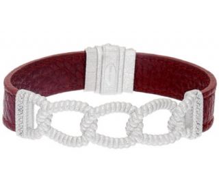 Judith Ripka Sterling Verona Curb Link Merlot Leather Bracelet —