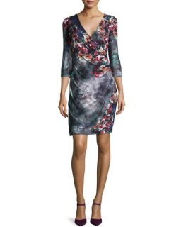Kay Unger New York 3/4 Sleeve Floral Jersey Wrap Dress
