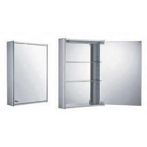 Whitehaus WHCAR 35 Single two sided mirrored door medicine cabinet with two adjustable glass shelves and mirror faced back wall   Aluminum