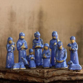 Set of 10 Ceramic Blue Thai Christmas Nativity Scene (Thailand