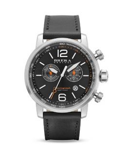 BRERA OROLOGI Dinamico Stainless Steel Watch with Black Leather Strap, 44mm