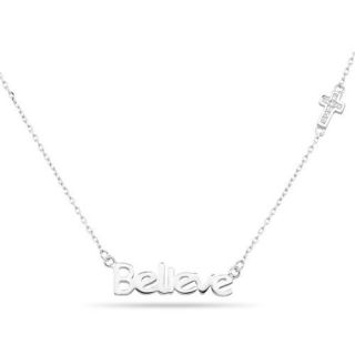 Sterling Silver 'Believe' and Cubic Zirconia Cross Necklace