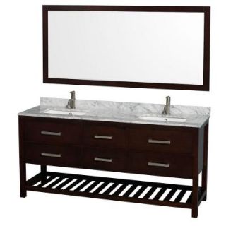 Wyndham Collection Natalie 72 in. Double Vanity in Espresso with Marble Vanity Top in White Carrara, Under Mount Sinks and 70 in. Mirror WCS211172DESCMUNSM70