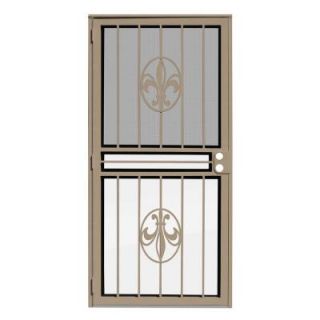 Unique Home Designs 32 in. x 80 in. Fleur de Lis Tan Recessed Mount All Season Security Door with Insect Screen and Glass Inserts 1U0360DN0DSGLA