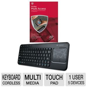 Logitech 920 003070 Wireless Touch Keyboard K400   2.4GHz, 33ft Range, 3.5 Built in Touchpad, Quiet Keys, Media Keys, 128 bit AES Encryption, Unifying Receiver and McAfee 2015 Multi Access 1 User 5 D