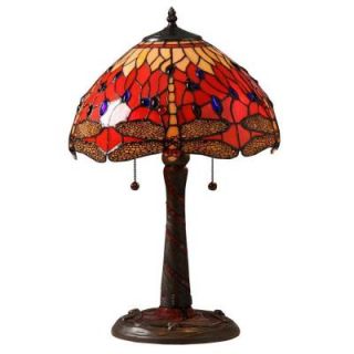 Warehouse of Tiffany 22 in. Red Dragonfly Mosaic Brown Table Lamp with Pull Chain T14288TGRA