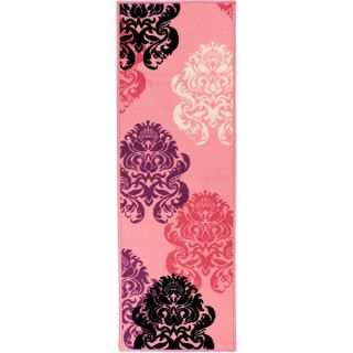 Pink Collection Pink Contemporary Damask Design Roll Runner Rug (18 x