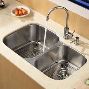 Kraus KBU24 KPF2160 SD20 32 inch Undermount Double Bowl Stainless Steel Kitchen Sink with Kitchen Faucet and Soap Dispenser