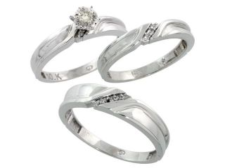 10k White Gold Diamond Trio Wedding Ring Set His 5mm & Hers 3.5mm, Men's Size 8 to 14