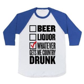 White/Royal Whatever Gets Me Country Drunk Baseball T Shirt (Size Large) NEW