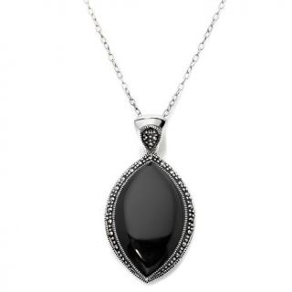 Onyx and Marcasite Sterling Silver Marquise Shaped Pendant with 18" Chain   7164884