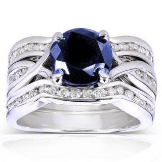 Annello 14k White Gold Round Blue Sapphire and 3/4ct TDW Diamond 3 piece Bridal Rings Set (H I, I1 I2) Size 6.5